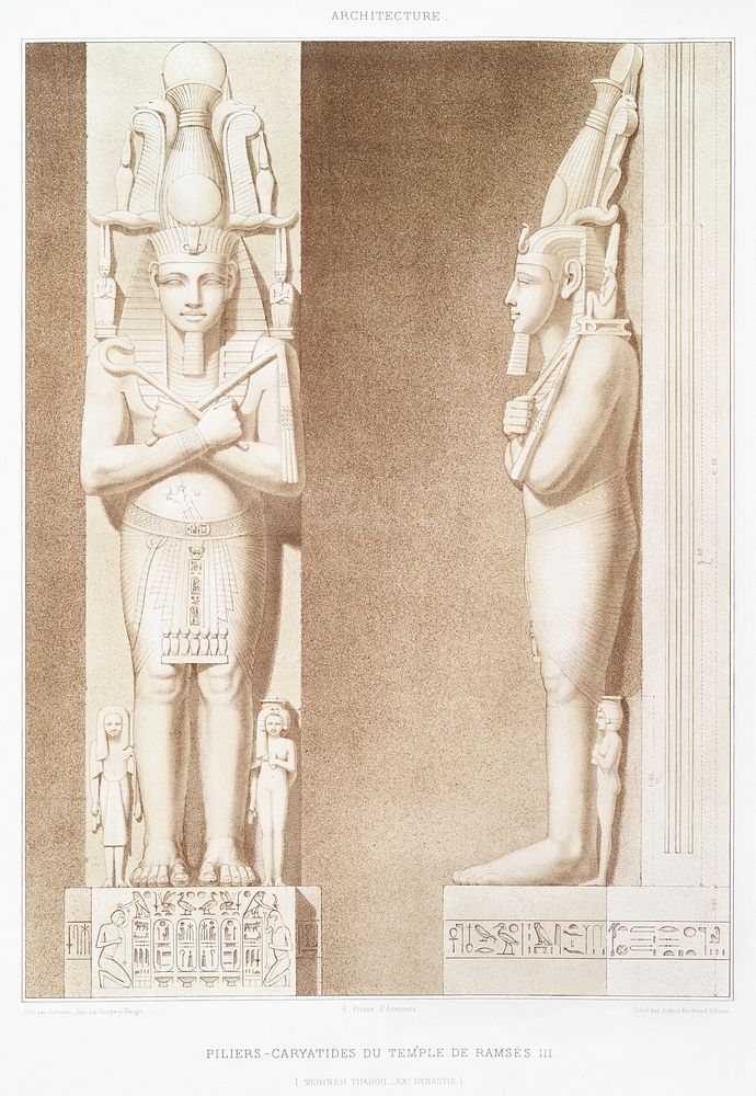 Pillars-caryatids of the Temple of Ramses III from Histoire de l'art &eacute;gyptien (1878) by &Eacute;mile Prisse…