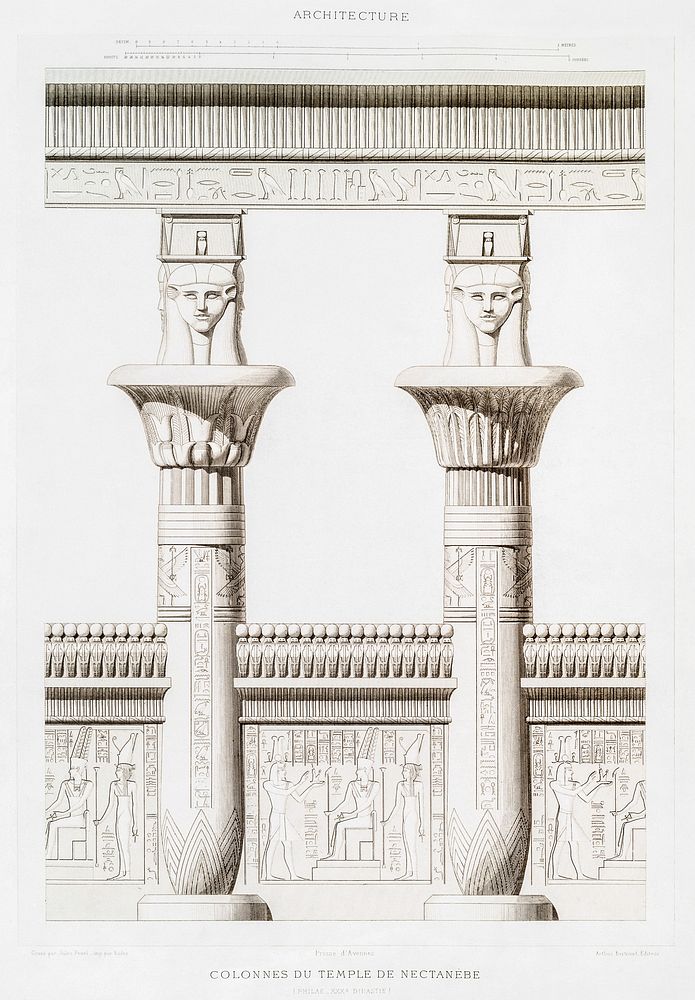 Columns of the Temple of Nectanebo from Histoire de l'art &eacute;gyptien (1878) by &Eacute;mile Prisse d'Avennes. Original…