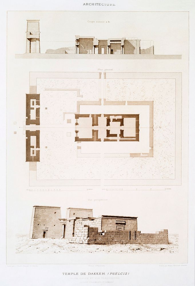 Temple of Dakka (Pelcis) : Plan, section and perspective view from Histoire de l'art &eacute;gyptien (1878) by &Eacute;mile…