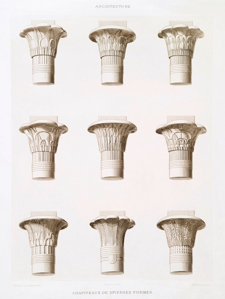 Various shape of capital from Histoire de l'art &eacute;gyptien (1878) by &Eacute;mile Prisse d'Avennes. Original from The…
