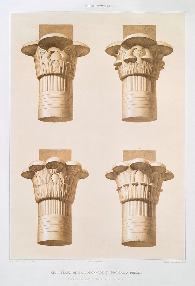 Capitals of the Colonnade of Dromos, in Philae from Histoire de l'art &eacute;gyptien (1878) by &Eacute;mile Prisse…