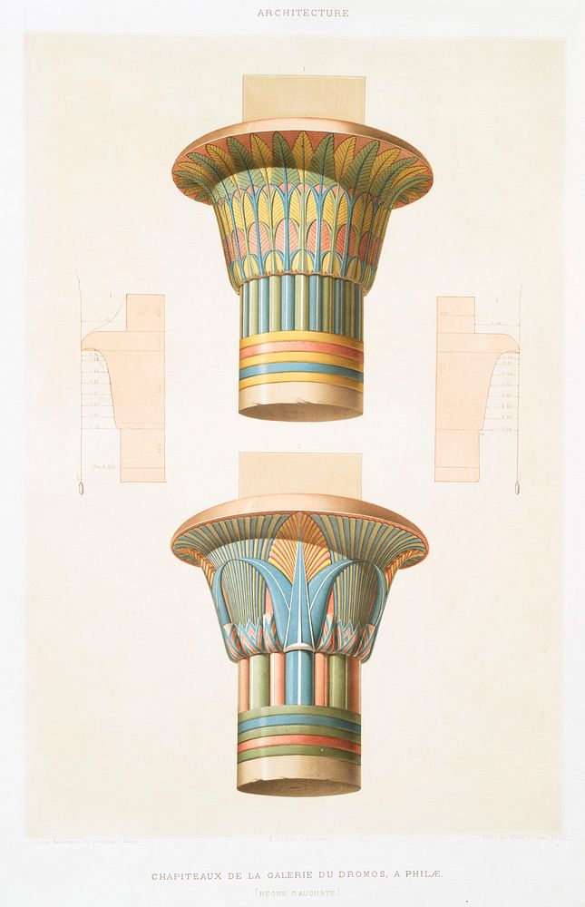Capitals of the Dromos Gallery, in Philae from Histoire de l'art &eacute;gyptien (1878) by &Eacute;mile Prisse d'Avennes.…