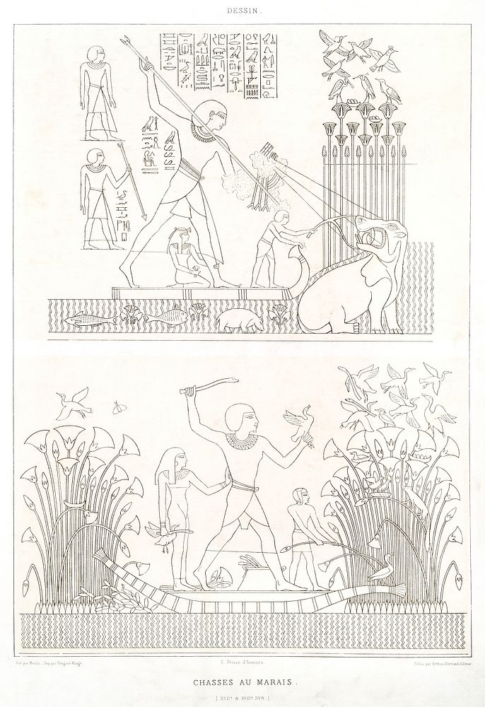 Swamp hunting from Histoire de l'art &eacute;gyptien (1878) by &Eacute;mile Prisse d'Avennes. Original from The New York…