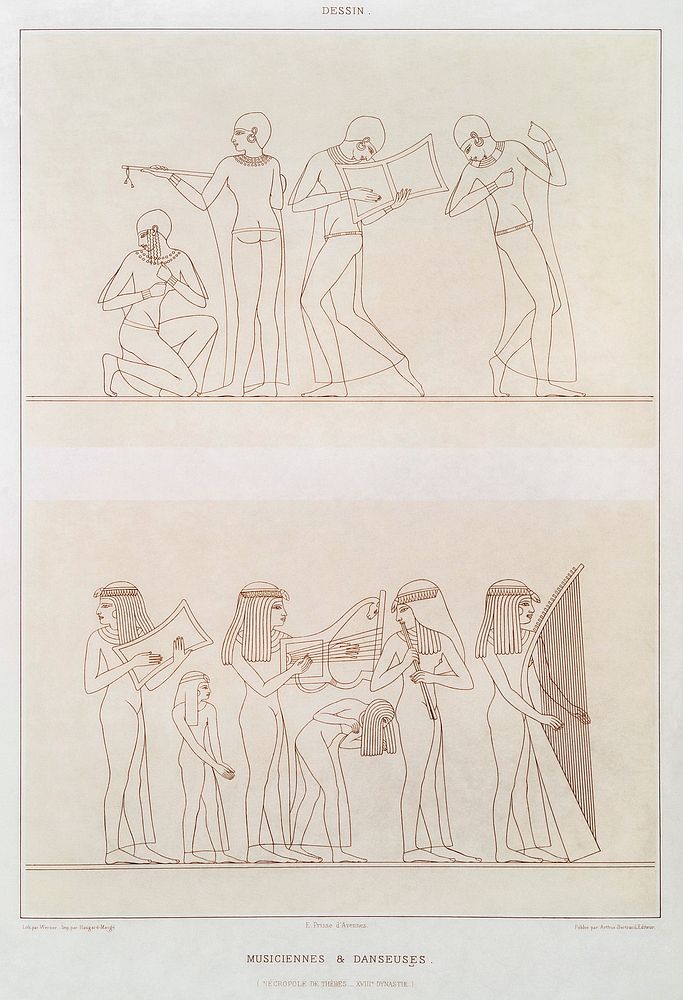 Musicians & dancers (Theban Necropolis) from Histoire de l'art &eacute;gyptien (1878) by &Eacute;mile Prisse d'Avennes.…