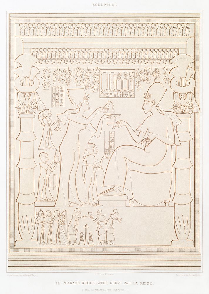 Pharaoh Akhenaten served by the queen from Histoire de l'art &eacute;gyptien (1878) by &Eacute;mile Prisse d'Avennes.…