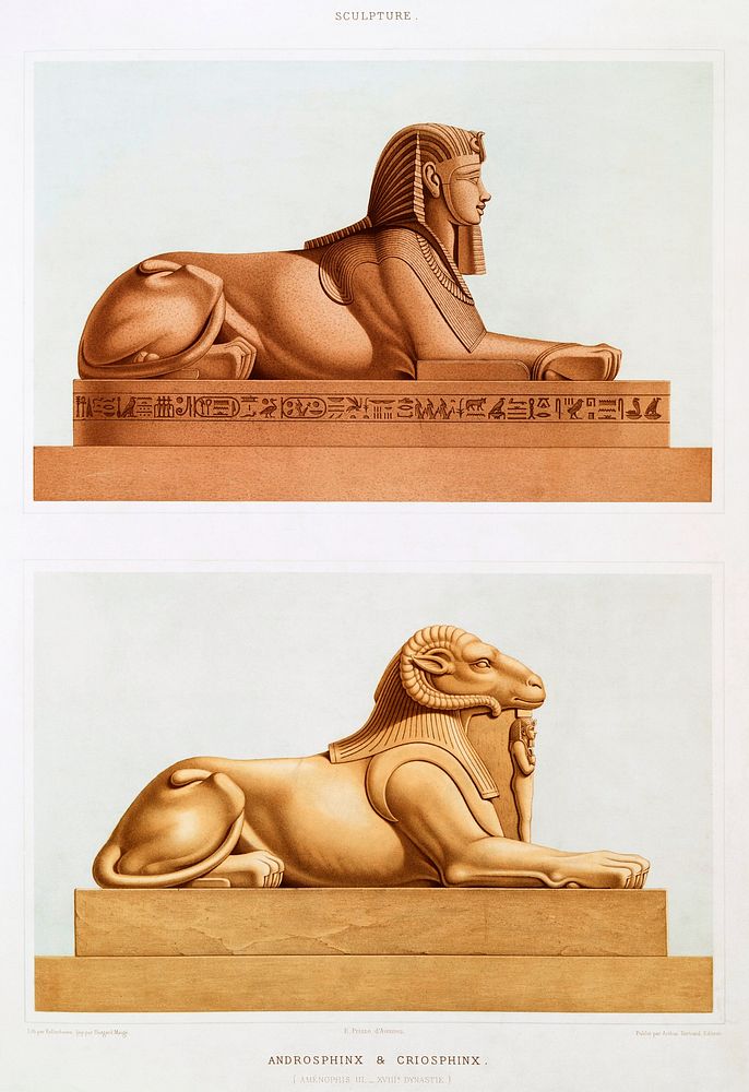 Androsphinx and Criosphinx from Histoire de l'art &eacute;gyptien (1878) by &Eacute;mile Prisse d'Avennes. Original from The…
