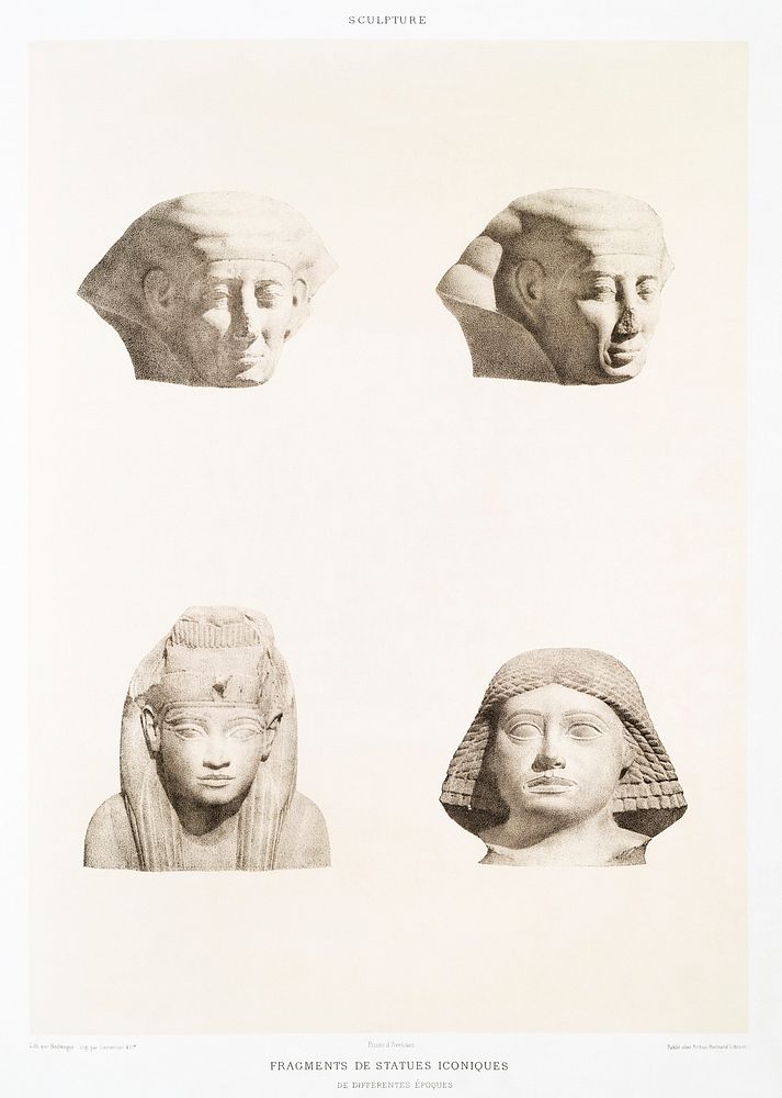 Fragments of Iconic statues from Histoire de l'art &eacute;gyptien (1878) by &Eacute;mile Prisse d'Avennes. Original from…