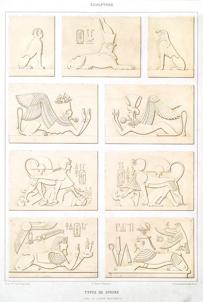 Types of Sphinxes from Histoire de l'art &eacute;gyptien (1878) by &Eacute;mile Prisse d'Avennes. Original from The New York…
