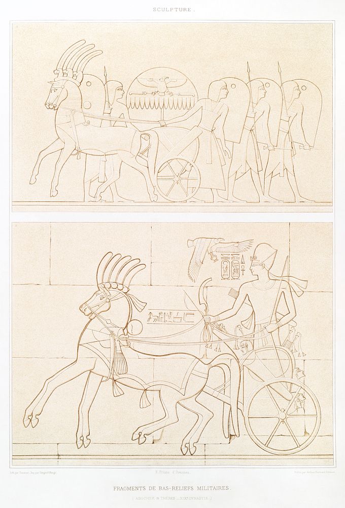 Fragments of military bas-reliefs from Histoire de l'art &eacute;gyptien (1878) by &Eacute;mile Prisse d'Avennes. Original…