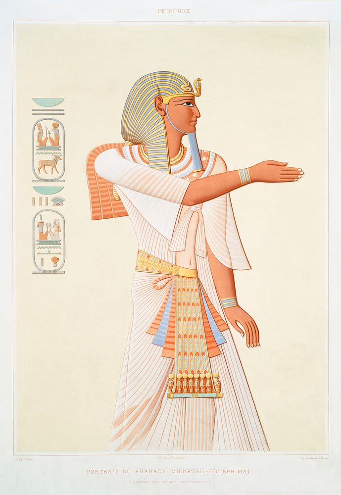 Portrait of Pharaoh Merneptah-Hot&eacute;phimat from Histoire de l'art &eacute;gyptien (1878) by &Eacute;mile Prisse…