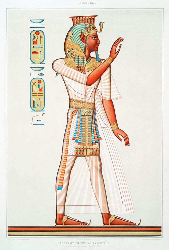 Full portrait of Ramses III from Histoire de l'art &eacute;gyptien (1878) by &Eacute;mile Prisse d'Avennes. Original from…
