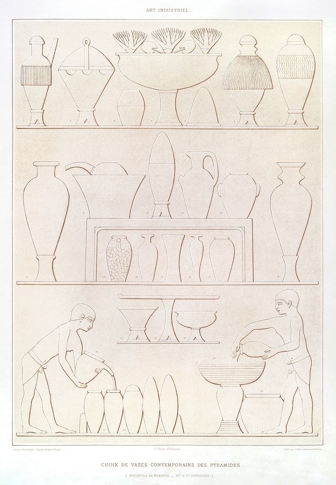 Various of contemporary vases in the pyramids from Histoire de l'art &eacute;gyptien (1878) by &Eacute;mile Prisse…