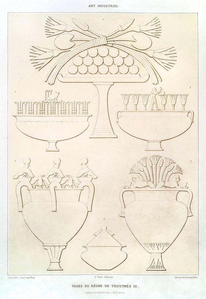 Vases of the reign of Thutmose III from Histoire de l'art &eacute;gyptien (1878) by &Eacute;mile Prisse d'Avennes. Original…