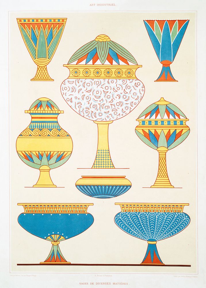 Vases of various materials from Histoire de l'art &eacute;gyptien (1878) by &Eacute;mile Prisse d'Avennes. Original from The…