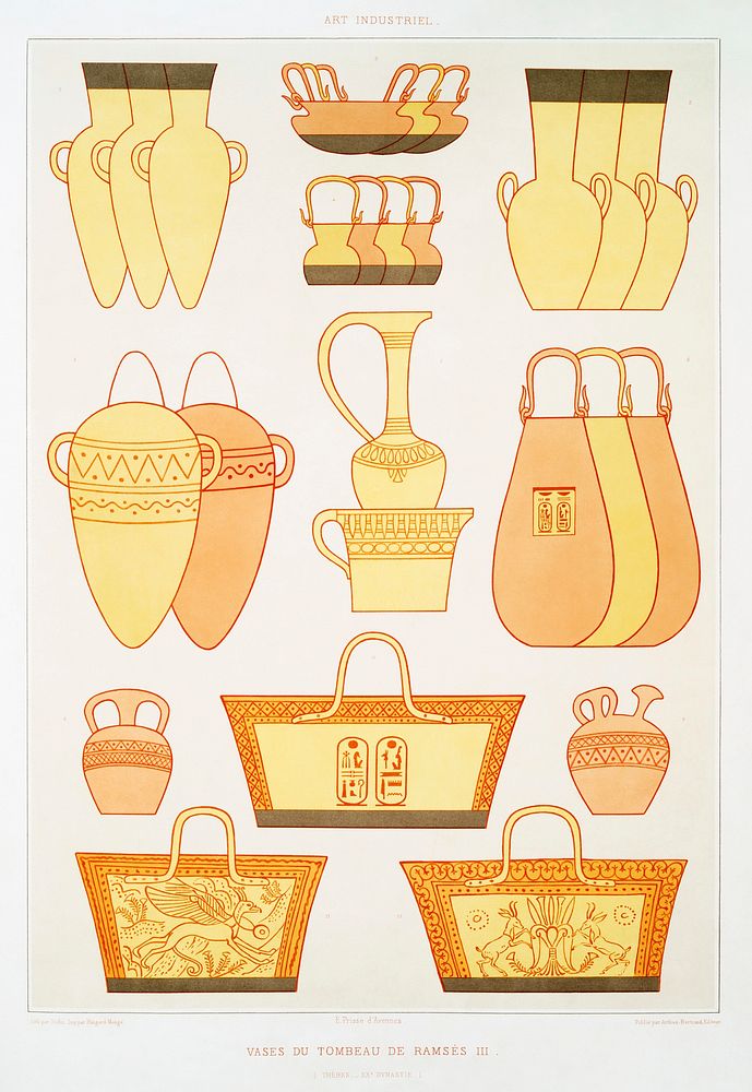 Vases from the tomb of Ramses III from Histoire de l'art &eacute;gyptien (1878) by &Eacute;mile Prisse d'Avennes. Original…