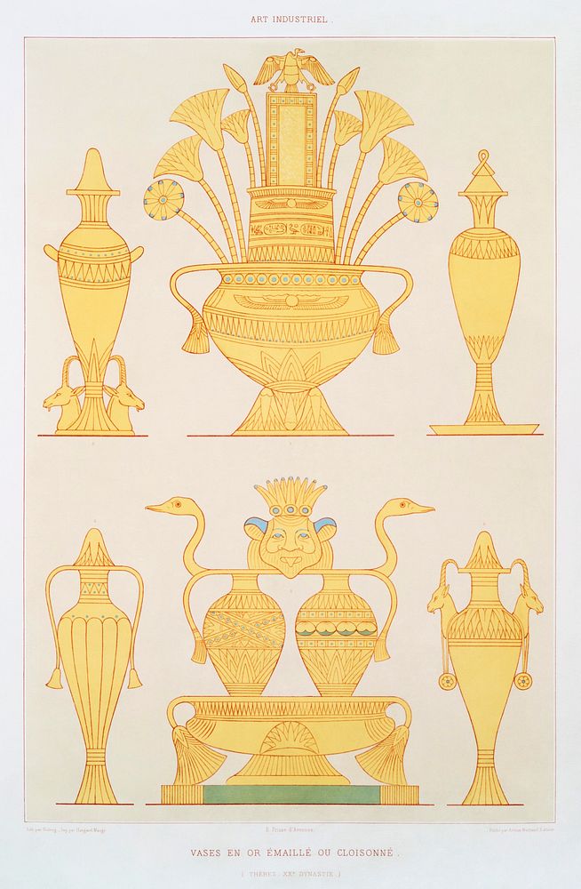 Enamelled or cloisonn&eacute; gold vases from Histoire de l'art &eacute;gyptien (1878) by &Eacute;mile Prisse d'Avennes.…