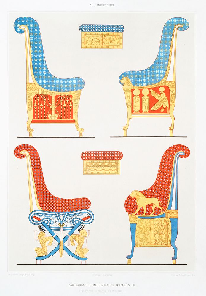 Armchairs of Ramses III from Histoire de l'art &eacute;gyptien (1878) by &Eacute;mile Prisse d'Avennes. Original from The…