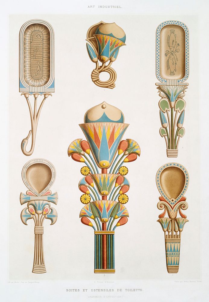 Boxes and utensils from Histoire de l'art &eacute;gyptien (1878) by &Eacute;mile Prisse d'Avennes. Original from The New…