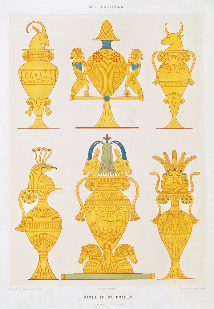 Enamelled gold vases from Histoire de l'art &eacute;gyptien (1878) by &Eacute;mile Prisse d'Avennes. Original from The New…