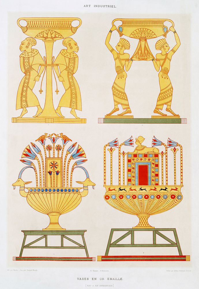 Enamelled gold vases from Histoire de l'art &eacute;gyptien (1878) by &Eacute;mile Prisse d'Avennes. Original from The New…