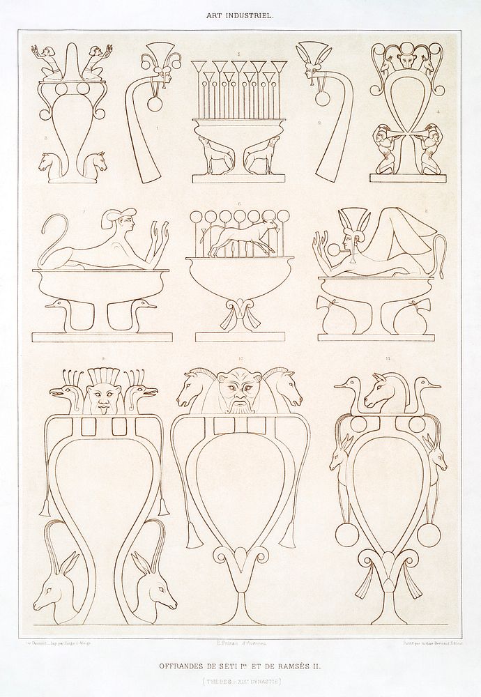 Offerings of Seti I and Ramses II from Histoire de l'art &eacute;gyptien (1878) by &Eacute;mile Prisse d'Avennes. Original…