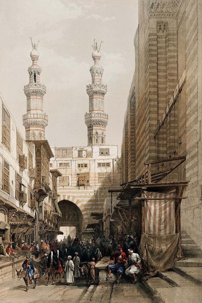 Minarets and grand entrance of the Metwaleys at Cairo illustration by David Roberts (1796&ndash;1864). Original from The New…