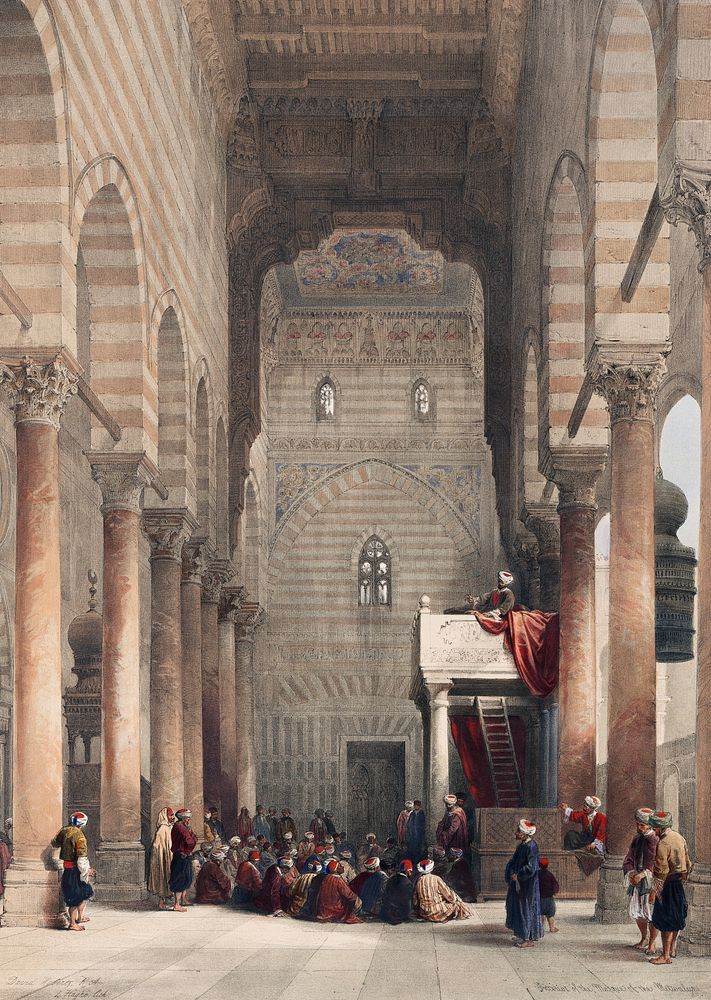 Interior of the mosque of the Metwalys (Metwalis) illustration by David Roberts (1796&ndash;1864). Original from The New…