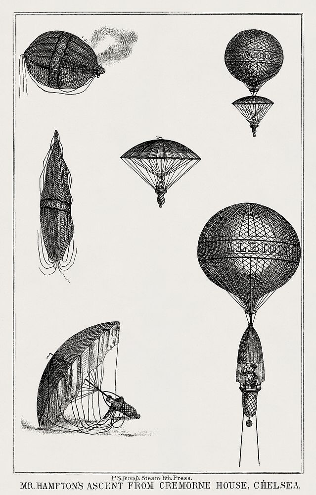Mr. Henson's ascent from Cremorne House from a system of aeronautics (1850) by John Wise (1808-1879)