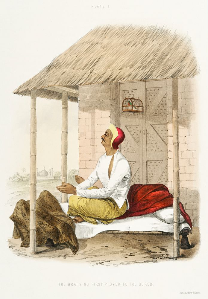 The Brahmin's first morning prayer to the Gooroo on rising from The Sundhya or the Daily Prayers of the Brahmins (1851) by…
