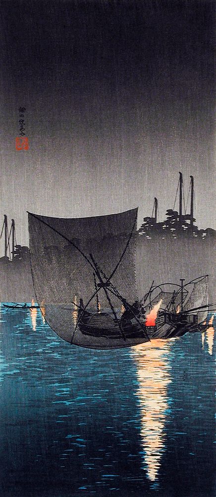 Tsukuda Island, Fishing Nets at Night (1936) print in high resolution by Hiroaki Takahashi. Original from The Los Angeles…