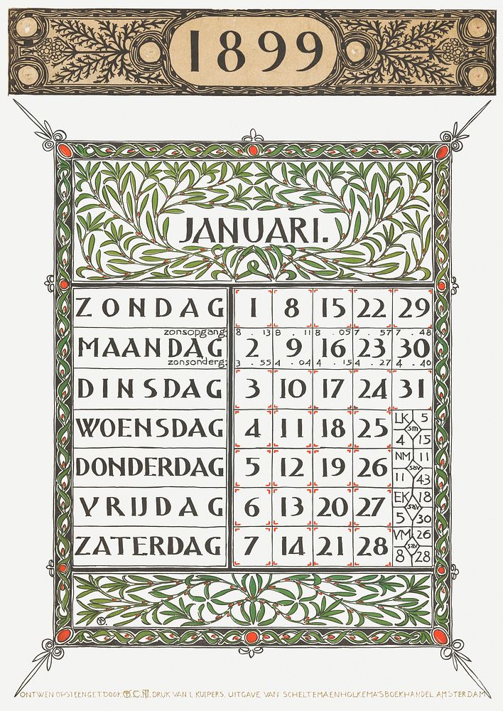 Calendar for January 1899 (1898) print in high resolution by Gerrit Willem Dijsselhof. Original from the Rijksmuseum.…