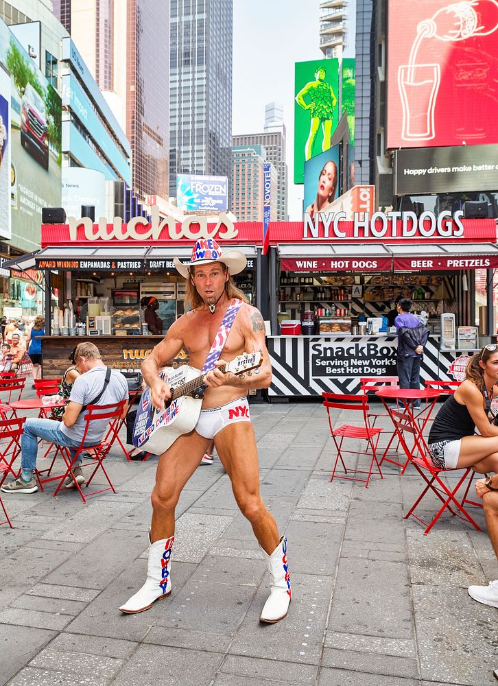 Robert John Burck, the almost Naked Cowboy street performer at Times Square in the New York City borough of Manhattan.…