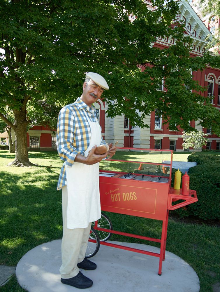 A jovial hot-dog peddler statue in Crown Point park, Indiana. Original image from Carol M. Highsmith&rsquo;s America…
