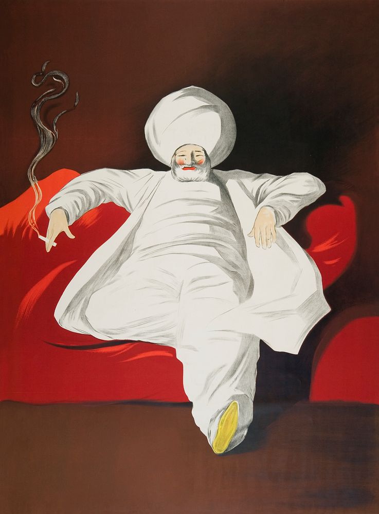 Man smoking a cigarette in red armchair illustration, remixed from artworks by Leonetto Cappiello