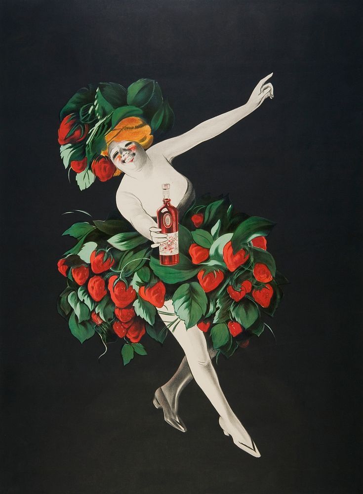Drunk woman in strawberry dress illustration, remixed from artworks by Leonetto Cappiello