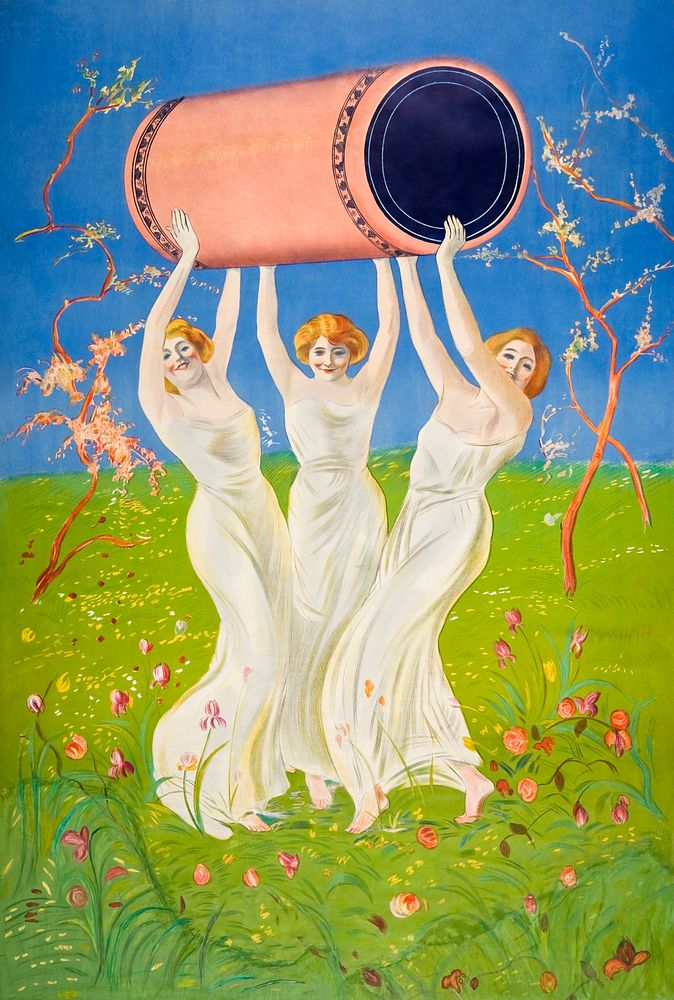 Women carrying pink blank pill print, remixed from artworks by Leonetto Cappiello