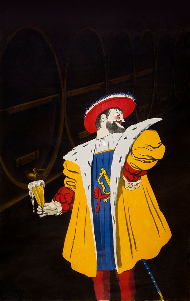 Man in vintage costume drinking beer illustration, remixed from artworks by Leonetto Cappiello