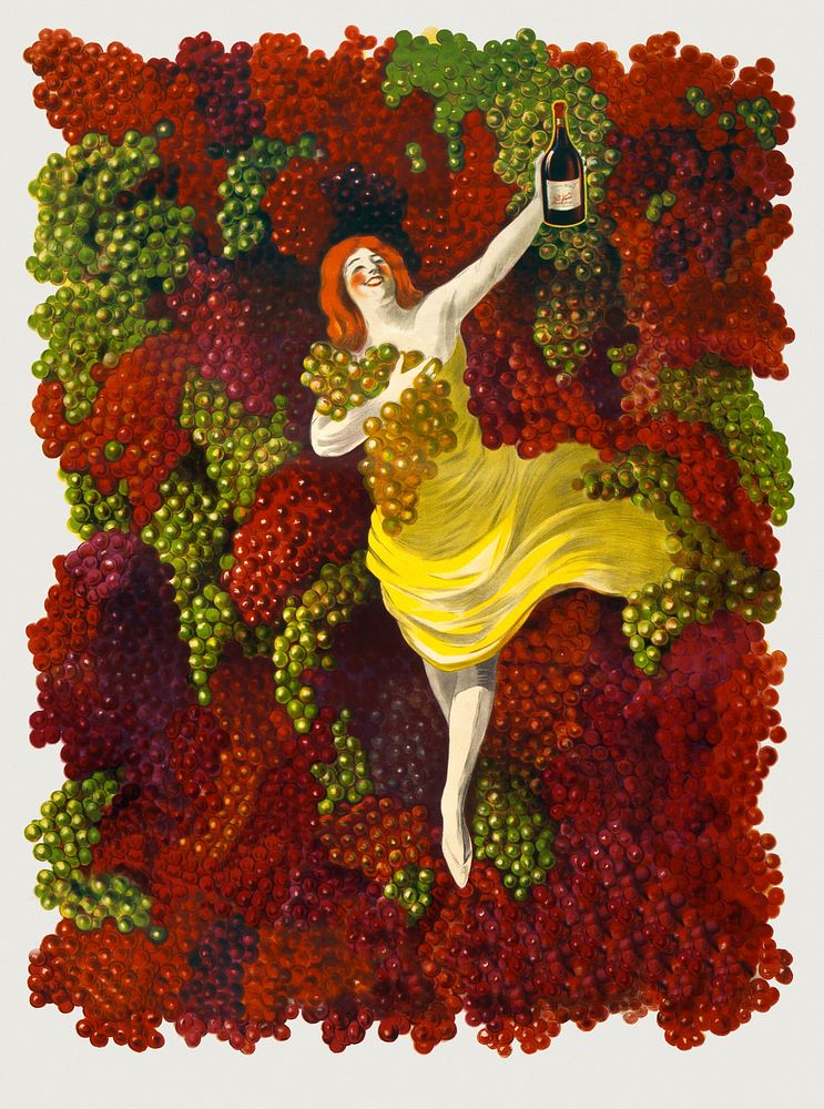 Woman with drink on grape background, remixed from artworks by Leonetto Cappiello