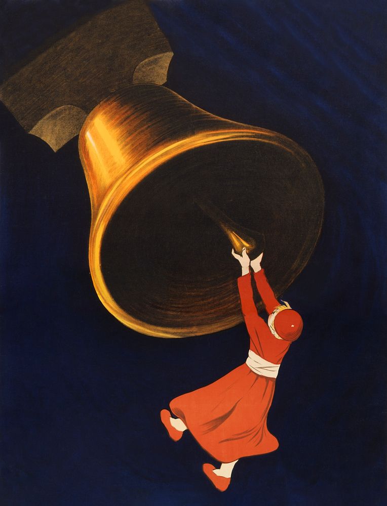 Vintage acolyte swinging a bell illustration, remixed from artworks by Leonetto Cappiello