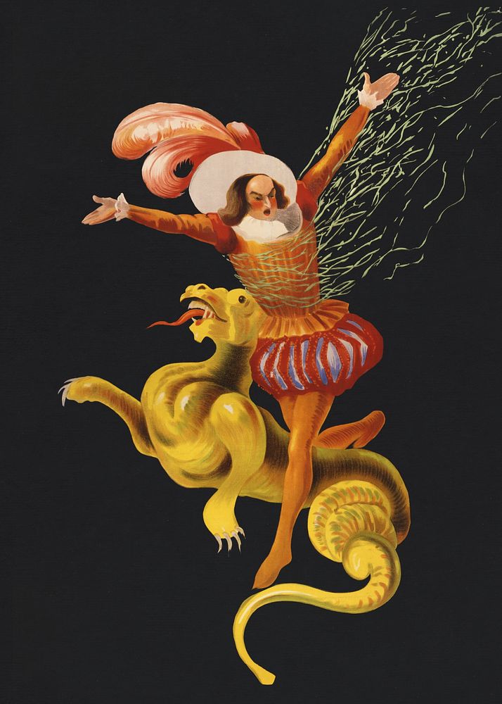 Man in vintage costume on a dragon illustration, remixed from artworks by Leonetto Cappiello
