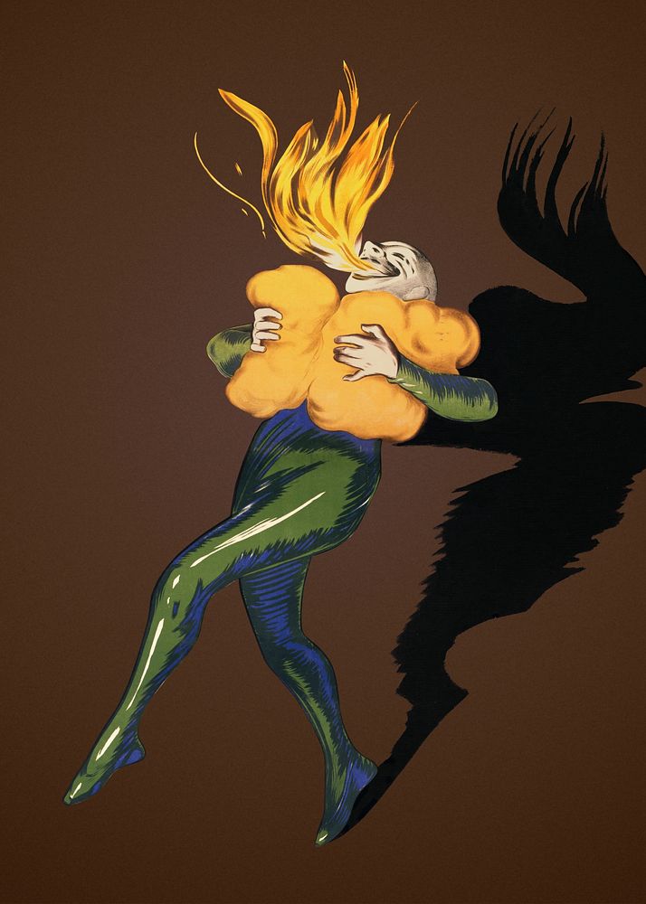 Clown dancing and breathing fire, remixed from artworks by Leonetto Cappiello