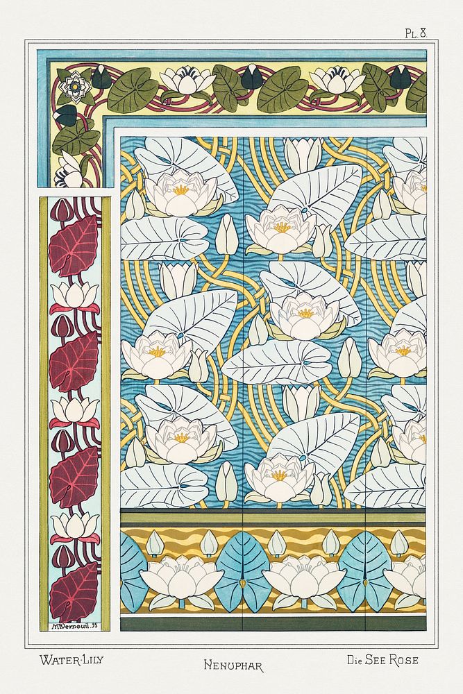 Art nouveau water lily flower pattern collection design resource