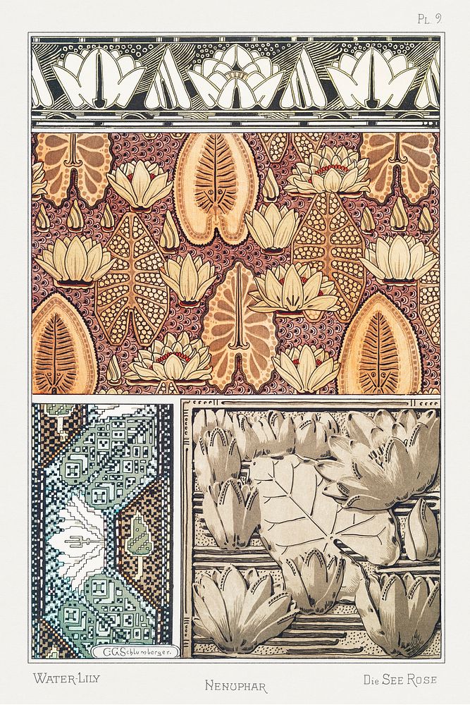 Art nouveau water lily flower pattern collection design resource