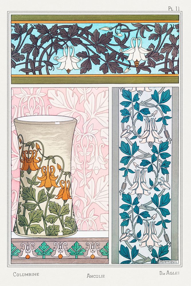 Art nouveau columbine flower pattern collection design resource