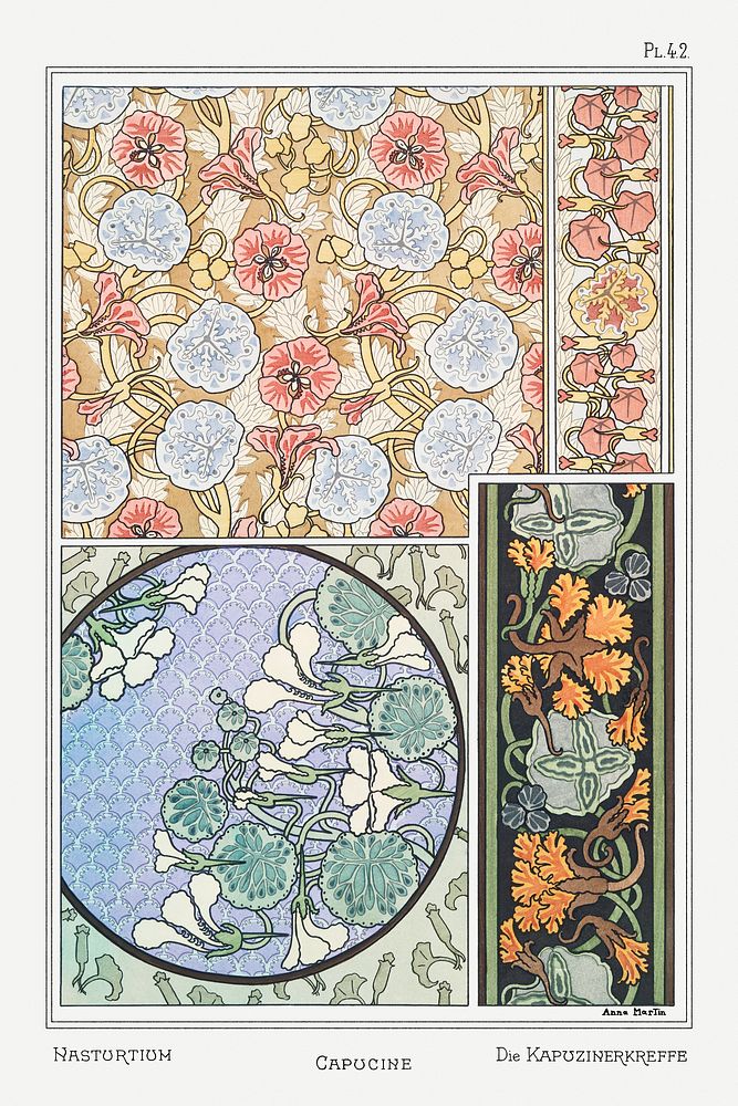 Art nouveau nasturtium flower pattern collection design resource