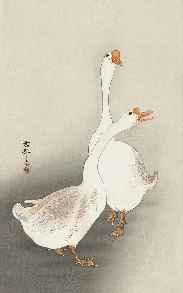 Two geese (1900-1930) by Ohara Koson (1877-1945). Original from The Rijksmuseum. Digitally enhanced by rawpixel.