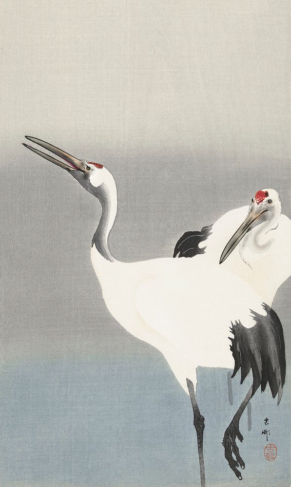 Two cranes (1900-1930) by Ohara Koson (1877-1945). Original from The Rijksmuseum. Digitally enhanced by rawpixel.