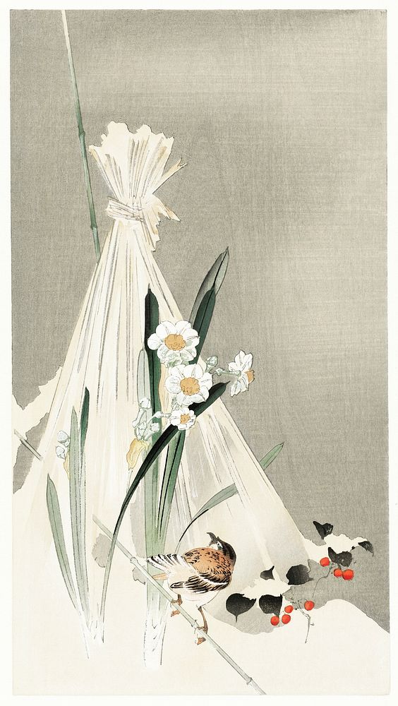 A bird with narcissus flowers and a hay bundle (1900-1930) by Ohara Koson (1877-1945). Original from The Rijksmuseum.…