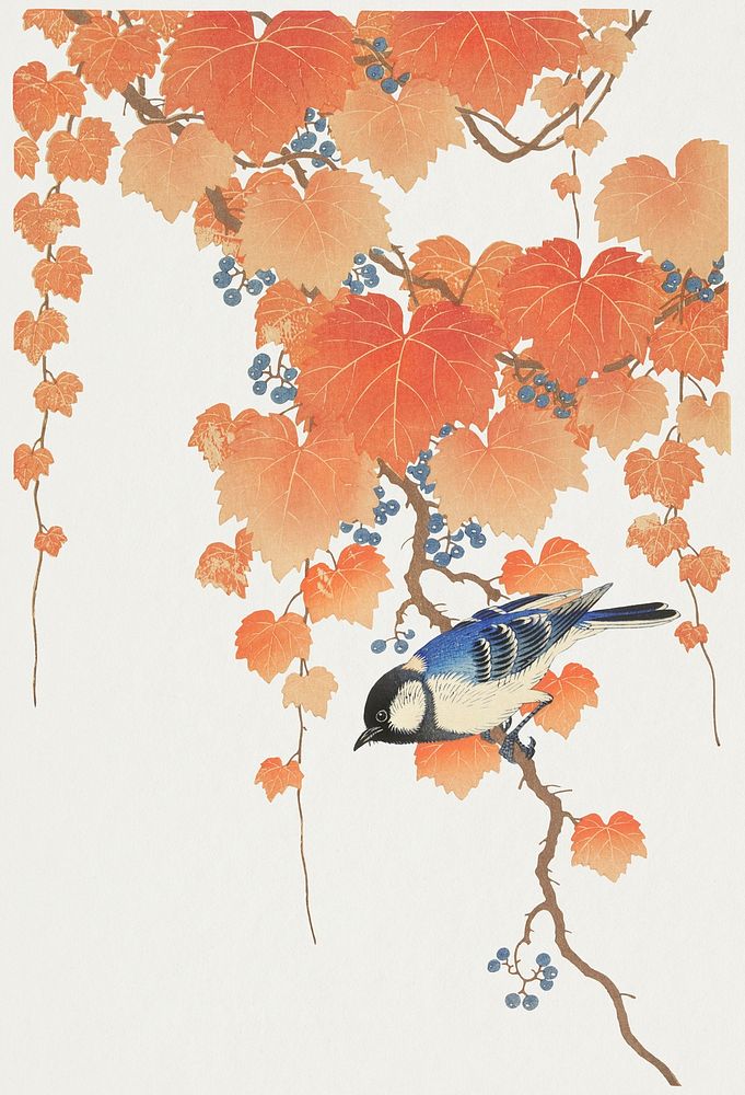 Vintage bird animal illustration, autumn season psd, remix from the artwork of Ohara Koson