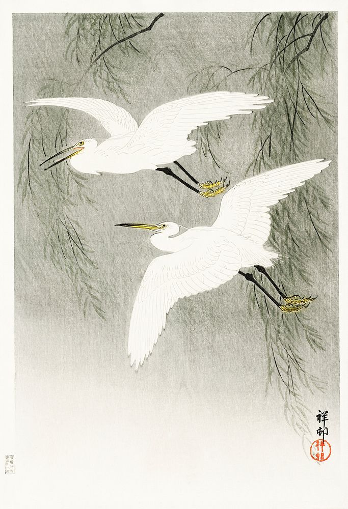 Little Egrets in flight (1925 - 1936) by Ohara Koson (1877-1945). Original from The Rijksmuseum. Digitally enhanced by…